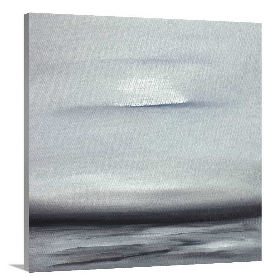 A side-angle view of a tonal grey and black print on canvas.