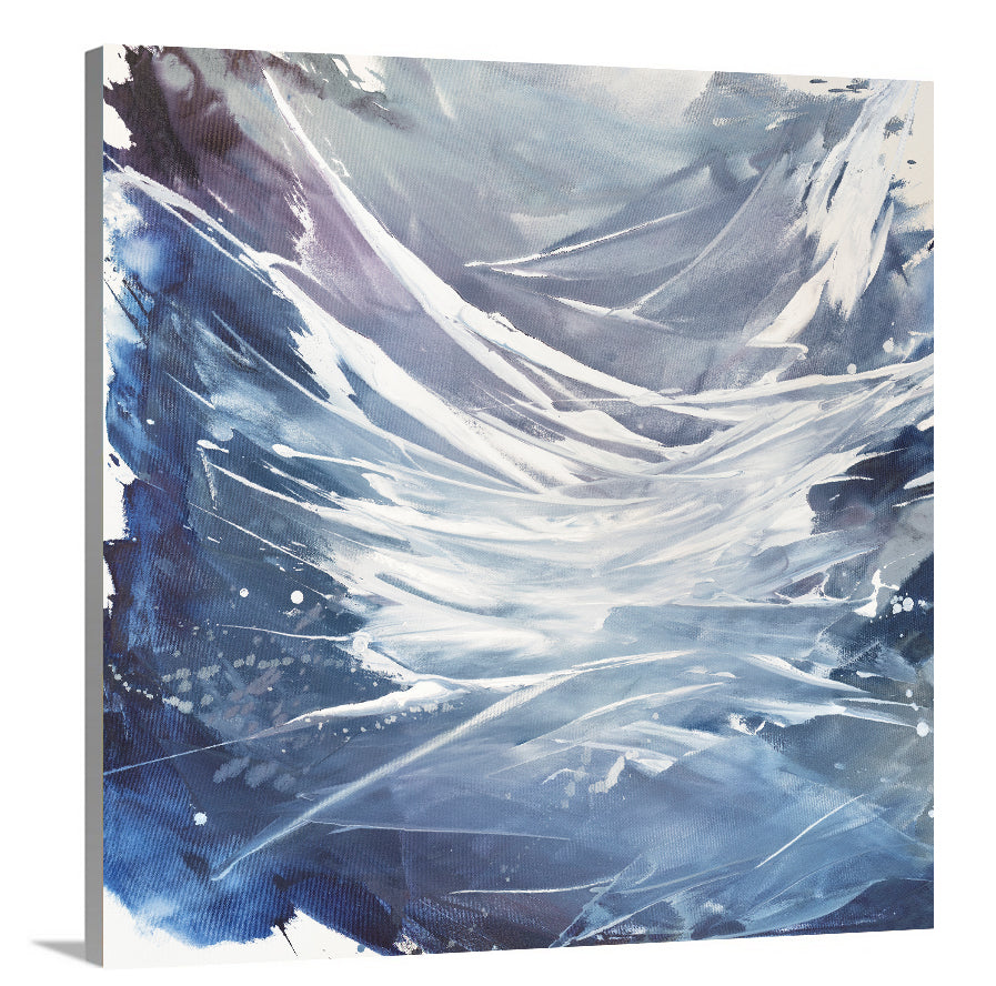 A side-angle view of a light purple, grey, white and blue abstract print on canvas.