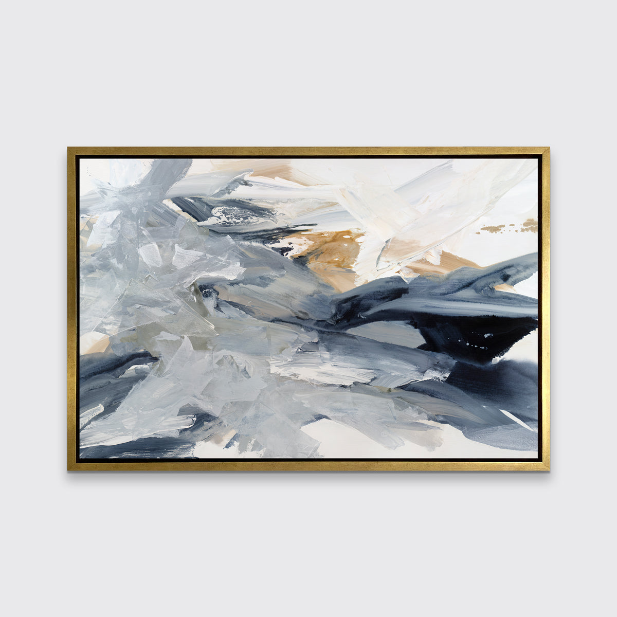 A grey, blue, gold and white abstract print in a gold floater frame hangs on a white wall.