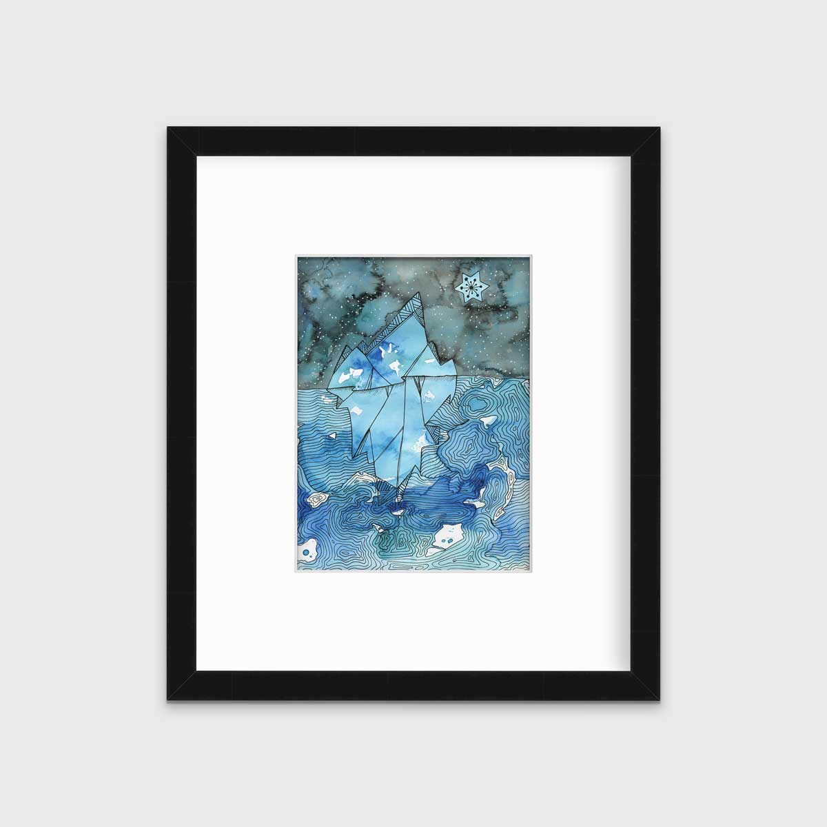 A blue abstract glacier illustration print in a black frame with a mat hangs on a white wall.