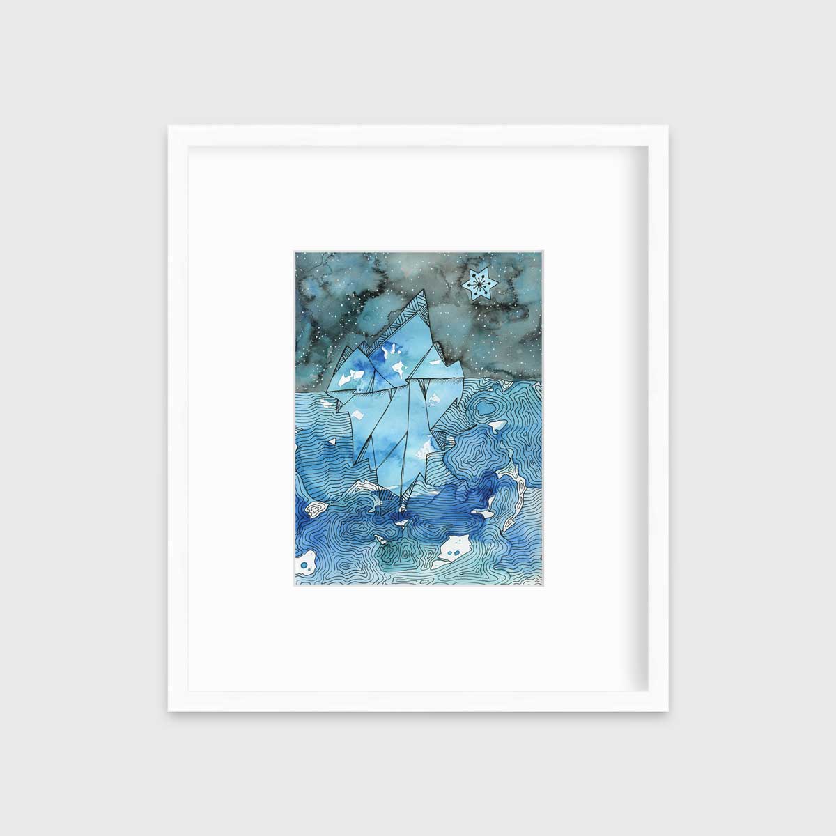 A blue abstract glacier illustration print in a white frame with a mat hangs on a white wall.