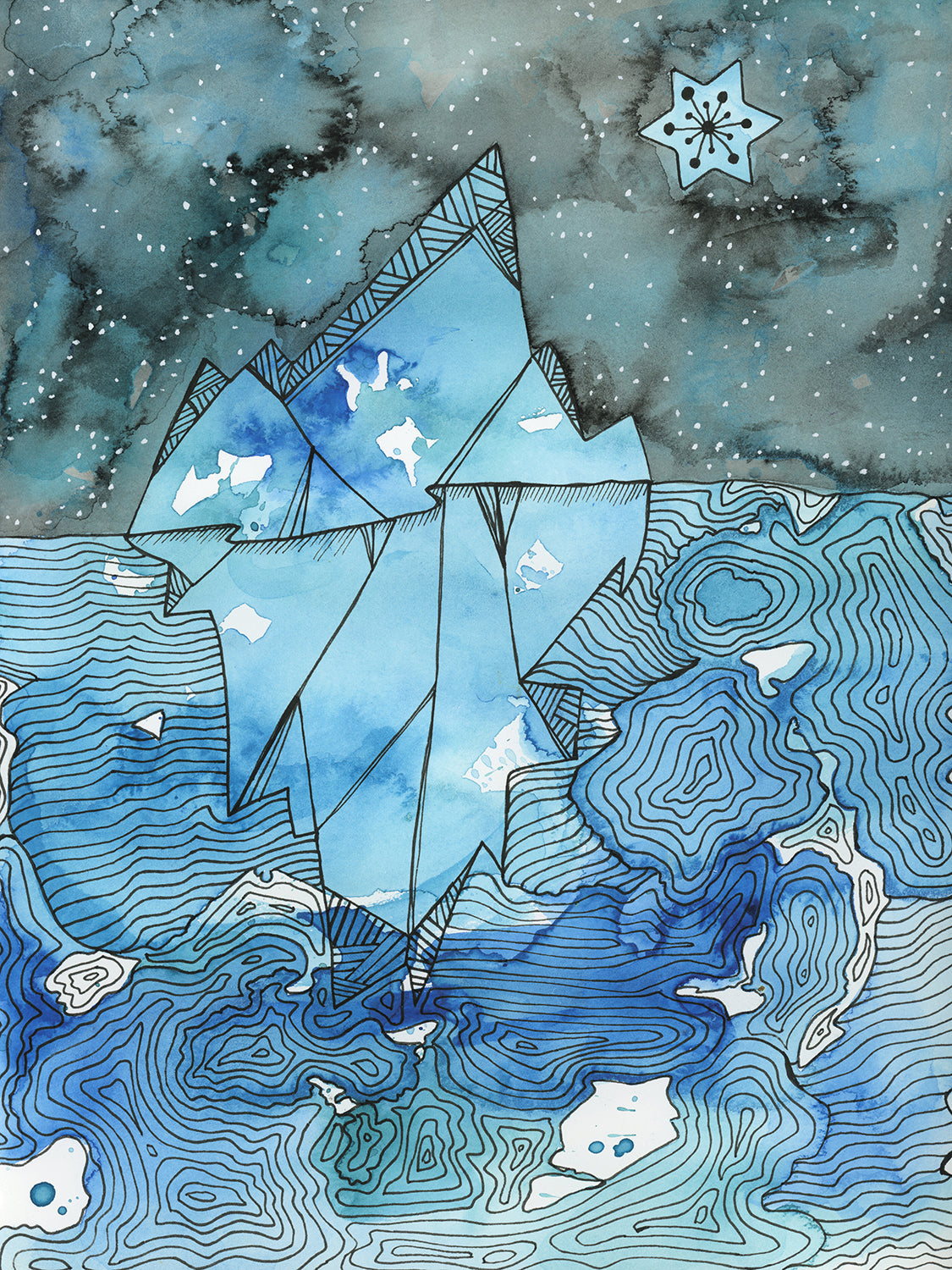 A blue abstract glacier illustration print by Melissa Kircher.