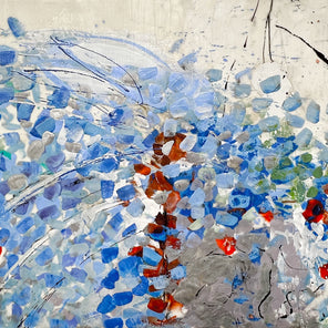 An encaustic painting with expressionistic floral motifs in red and blue. Wired and ready to hang.