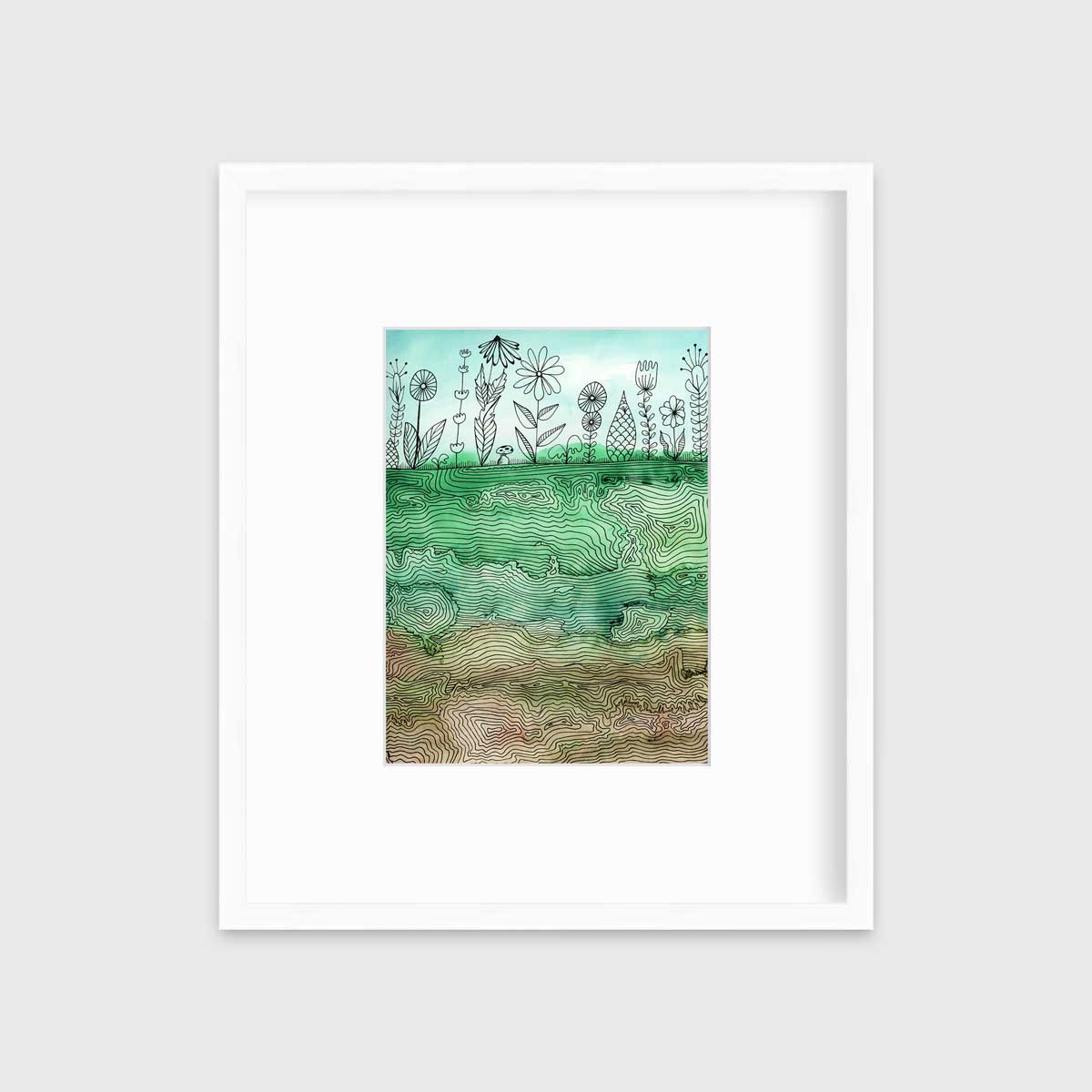 A green, light blue and brown botanical illustration print in a white frame with a mat hangs on a white wall.