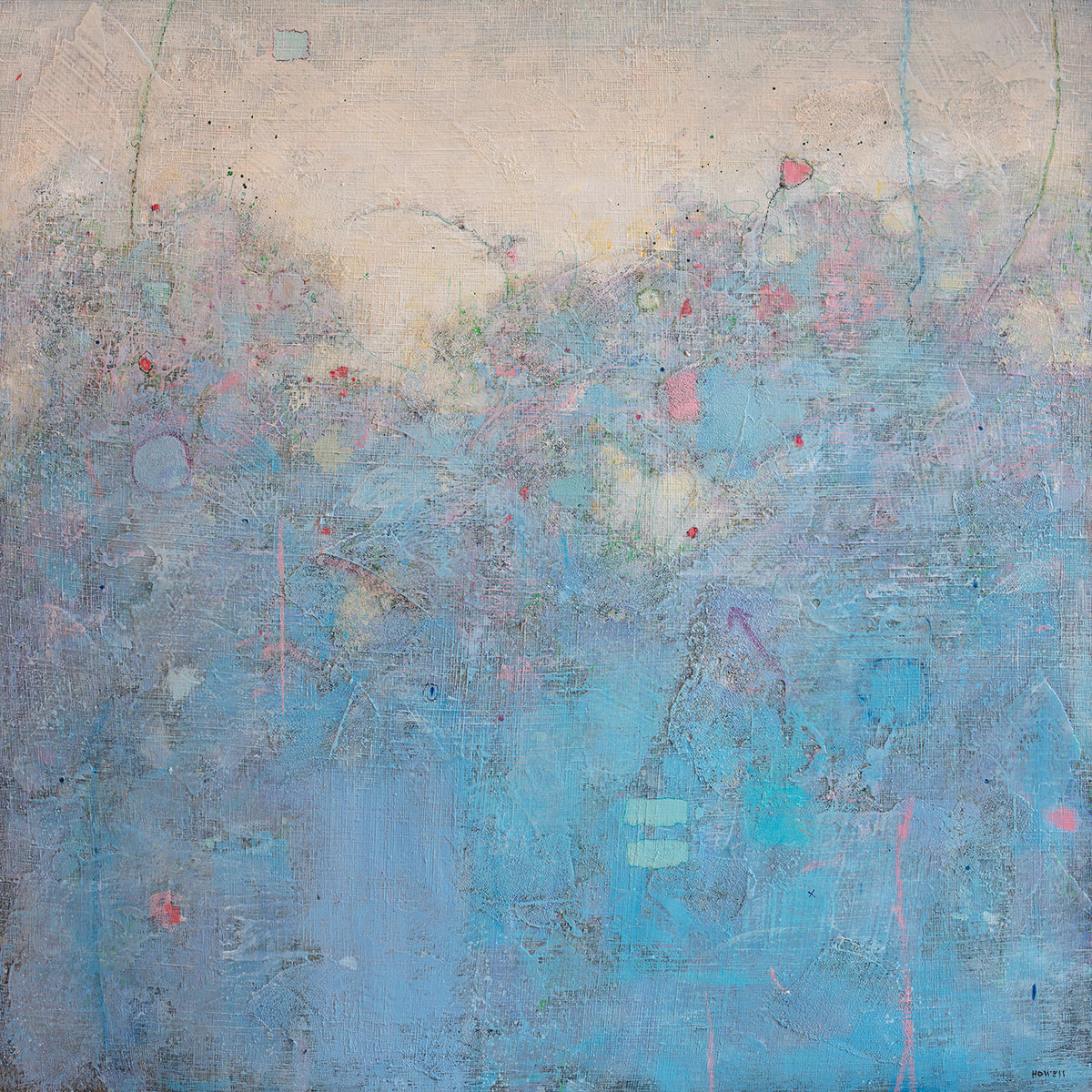 A light blue abstract landscape with an outline of a butterfly, pink flowers and multicolor accents by Elwood Howell.