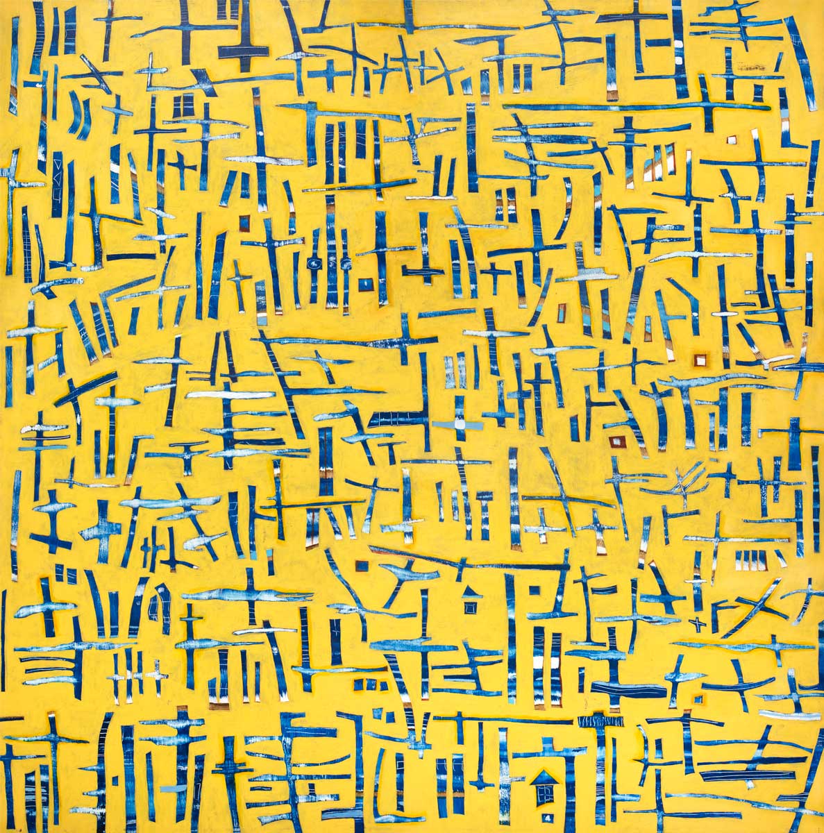 A yellow, blue and white abstract print by Sofie Swann.