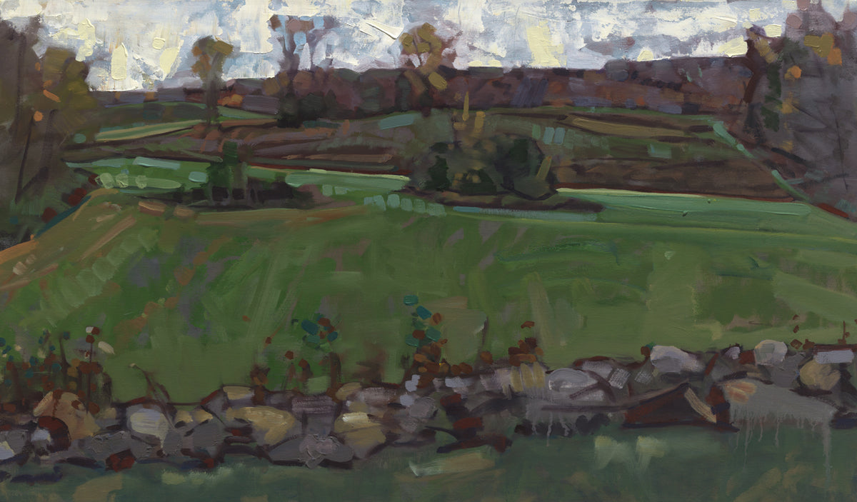 A green, brown and white abstract landscape print by John Harris.