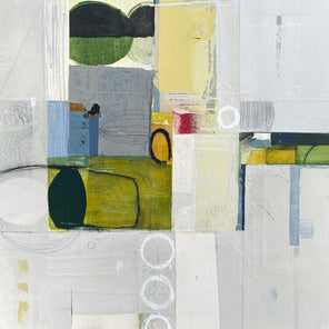 A multimedia painting of abstract forms by Deborah T. Colter. Wired and ready to hang.