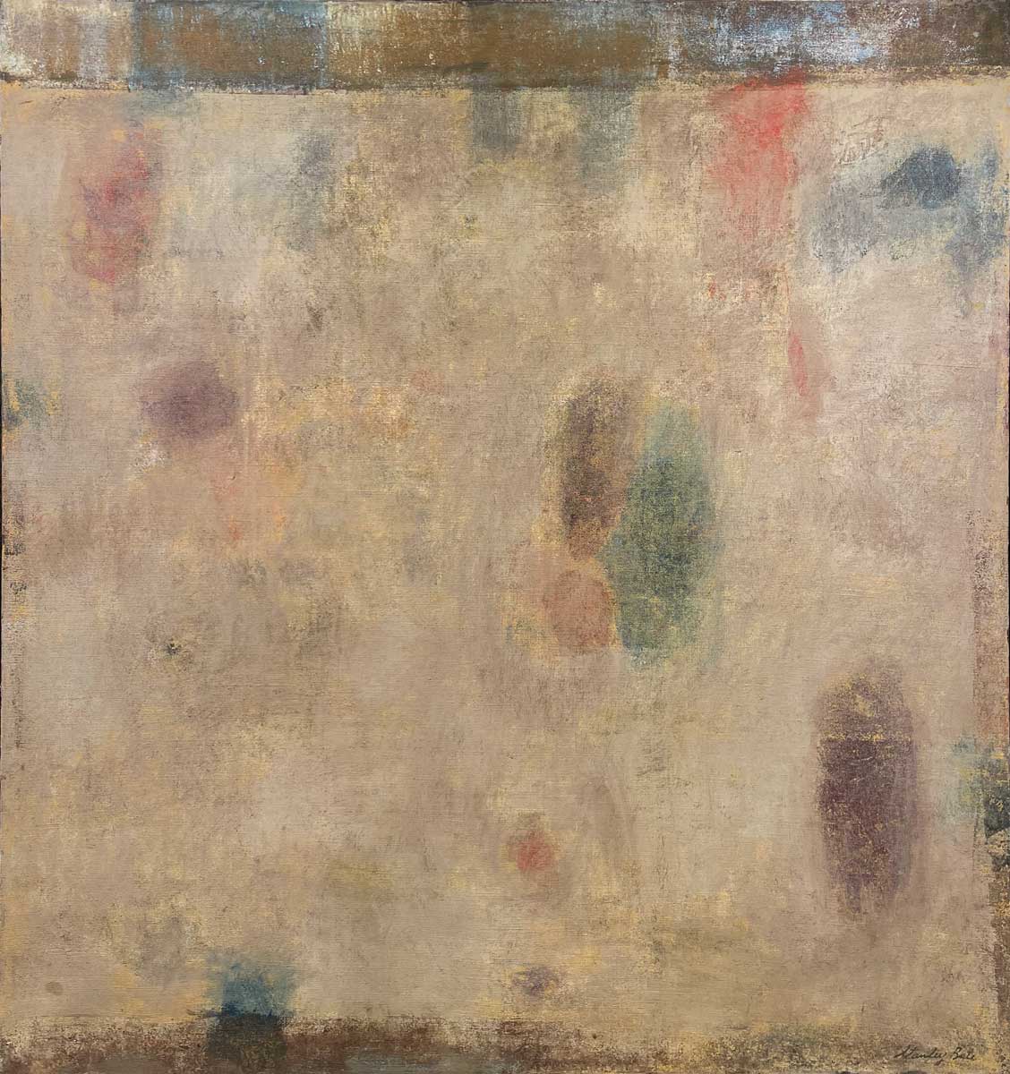 A beige painting with green, blue and purple accents by Stanley Bate.