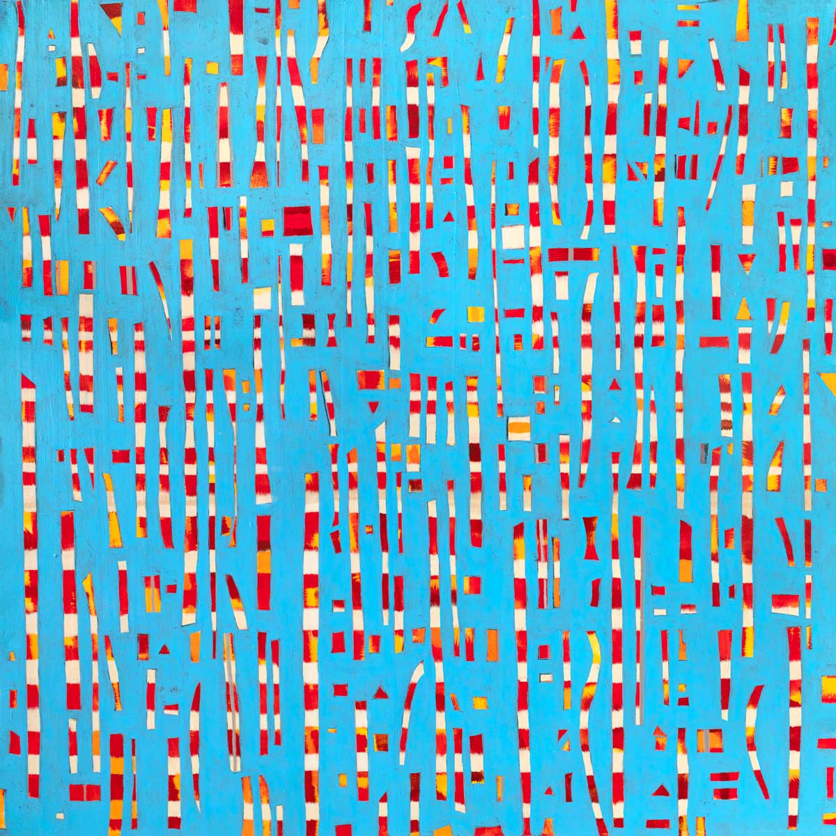 A blue, red, yellow and white abstract print by Sofie Swann.