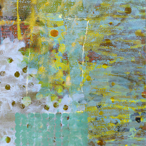 A green, blue and dark yellow abstract painting by Christine Averill-Green.