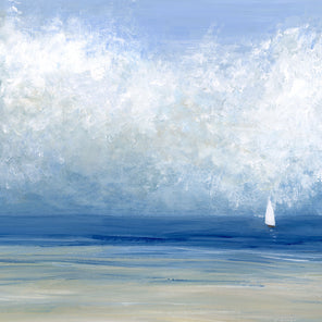 A tonal blue, white and light yellow abstract seascape with a white sailboat by S. Cora Aldo.