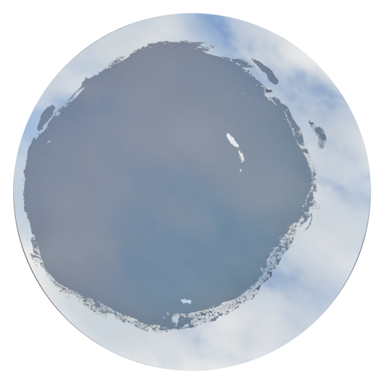 Circular mirror with mixed media painting in center. Grey tone appears in this lighting scenario.