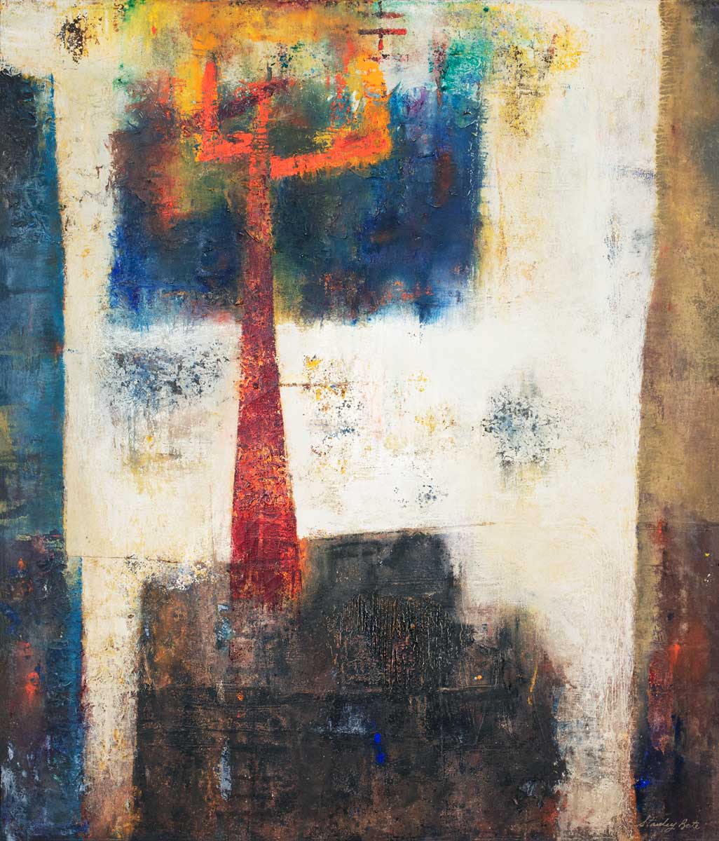 A multicolored modern abstract painting by Stanley Bate.