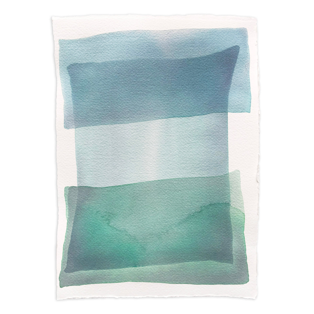 Tonal blues and green shapes overlap in this painting by Nealy Hauschildt.