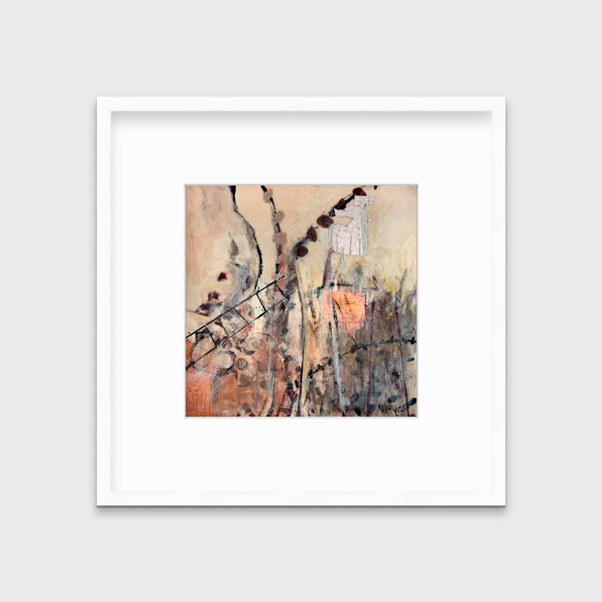 A brown, beige, gold and copper abstract print in a white frame with a mat hangs on a white wall.