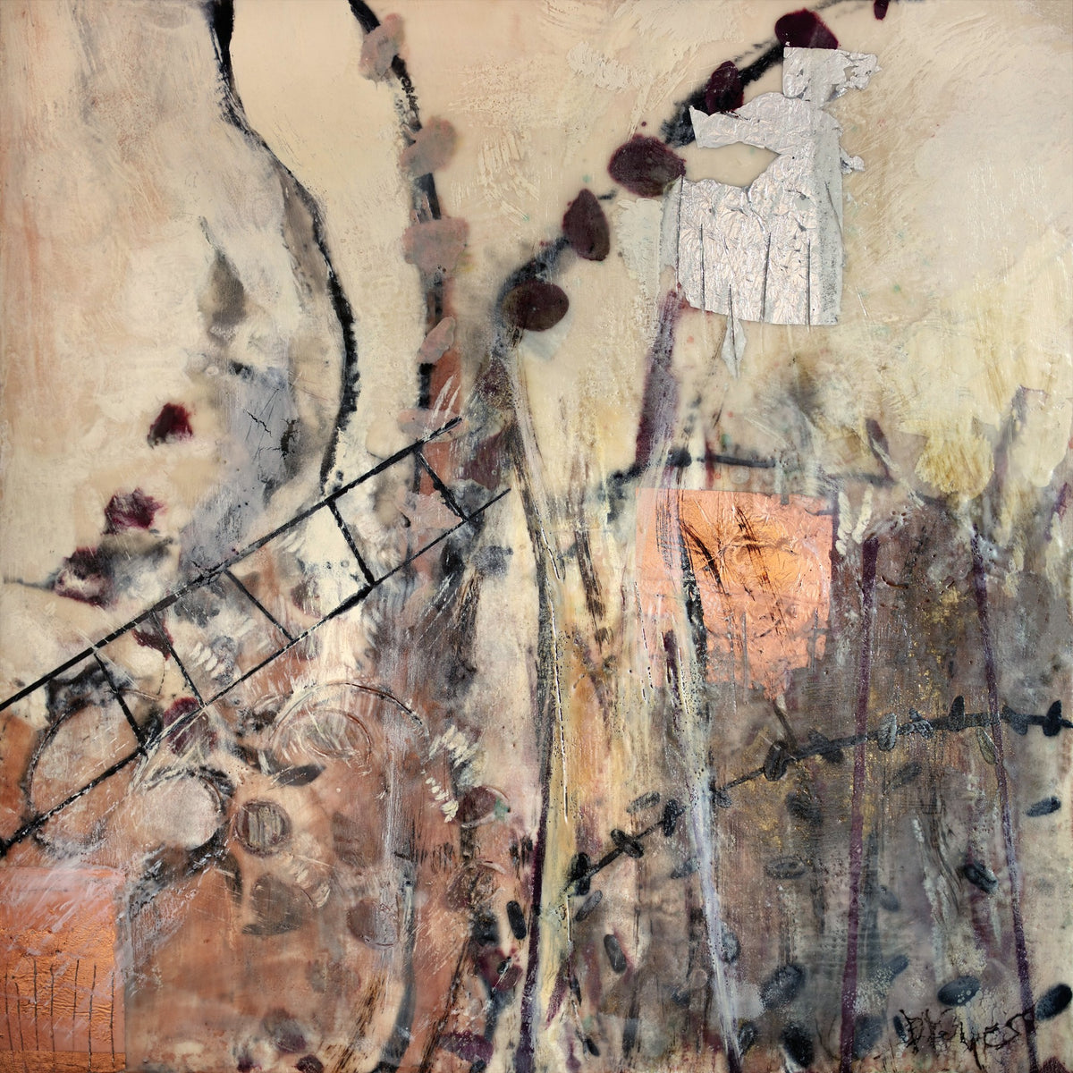An earth-toned abstract encaustic painting by Linda Bigness.