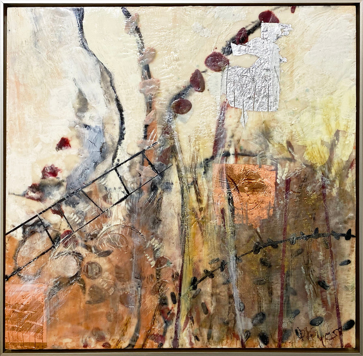A nature-inspired, earth-toned abstract painting, framed in a thin warm silver floater frame.