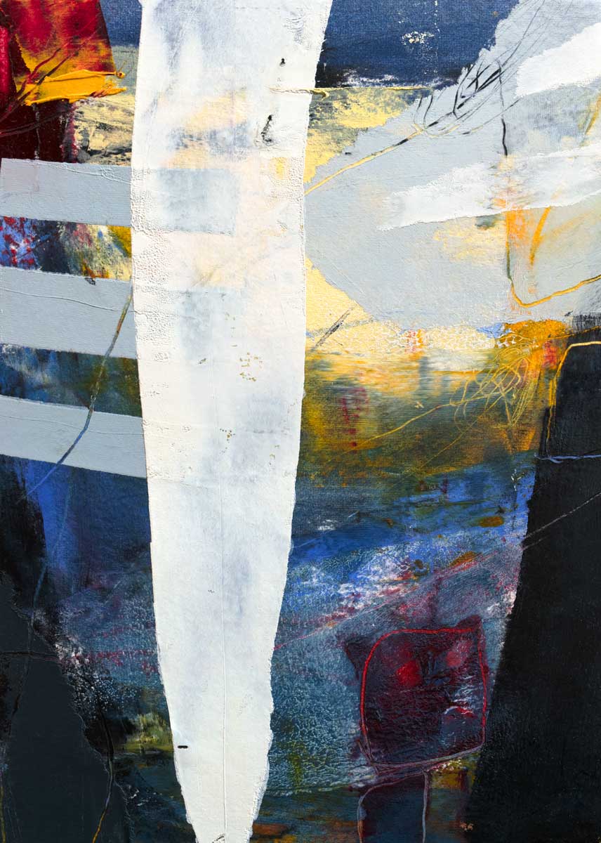 A white, yellow, red and grey abstract print by Kelly Rossetti.