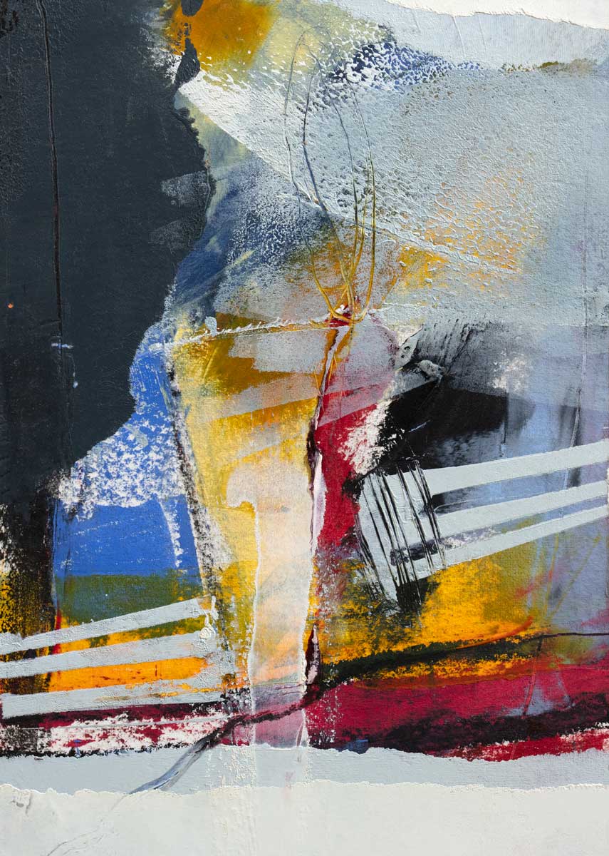 A white, yellow, red and grey abstract print by Kelly Rossetti.
