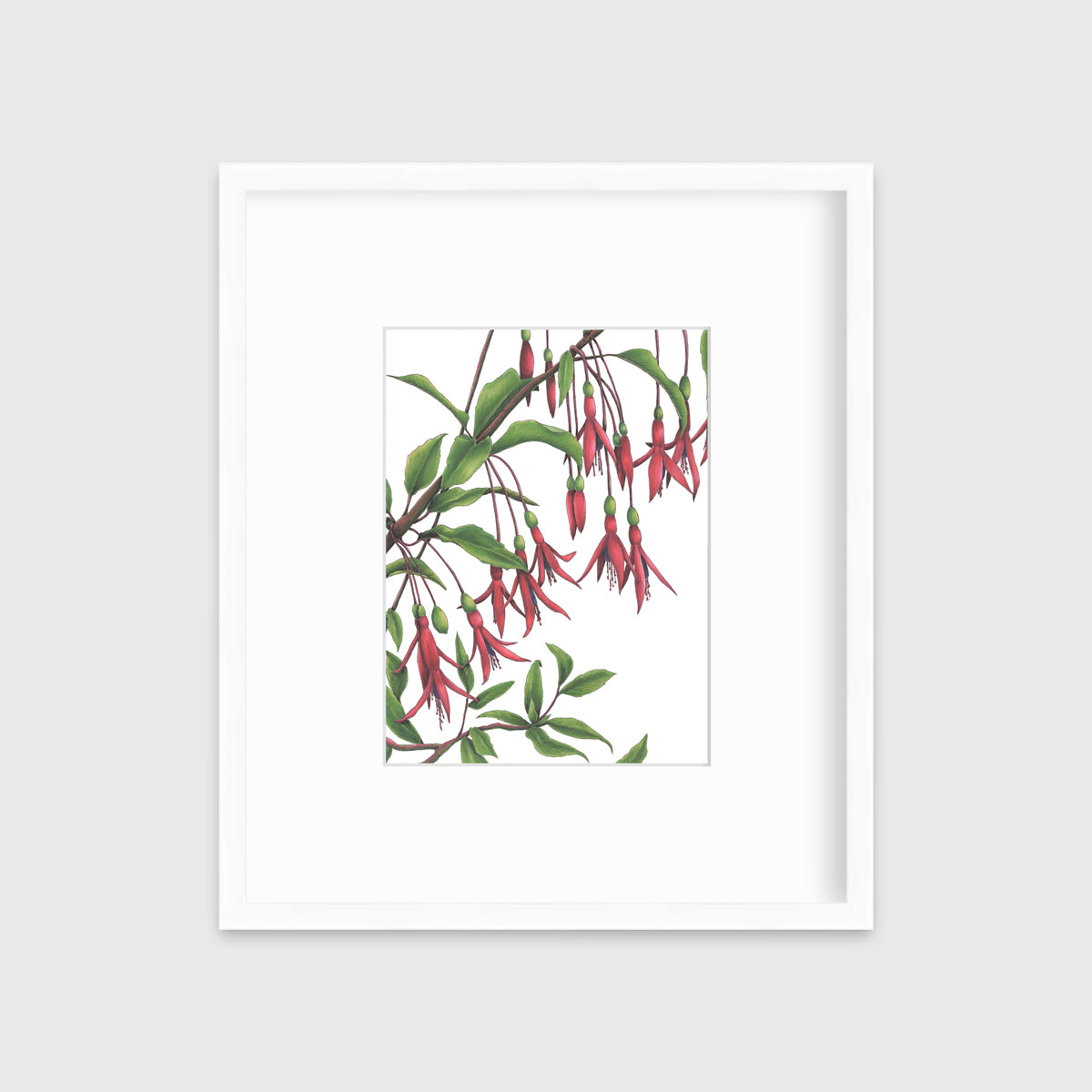 Red flowers with a brown stem and leaves print in a white frame with a mat hangs on a white wall.