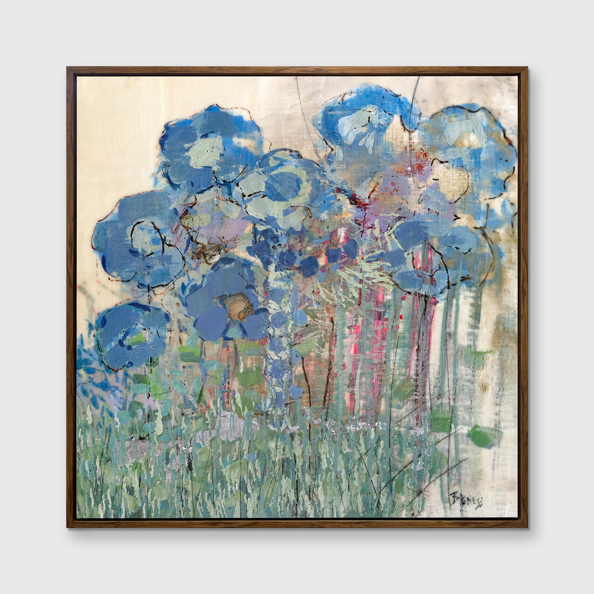 A blue and green abstract floral print in an oak wood floater frame hangs on a white wall.