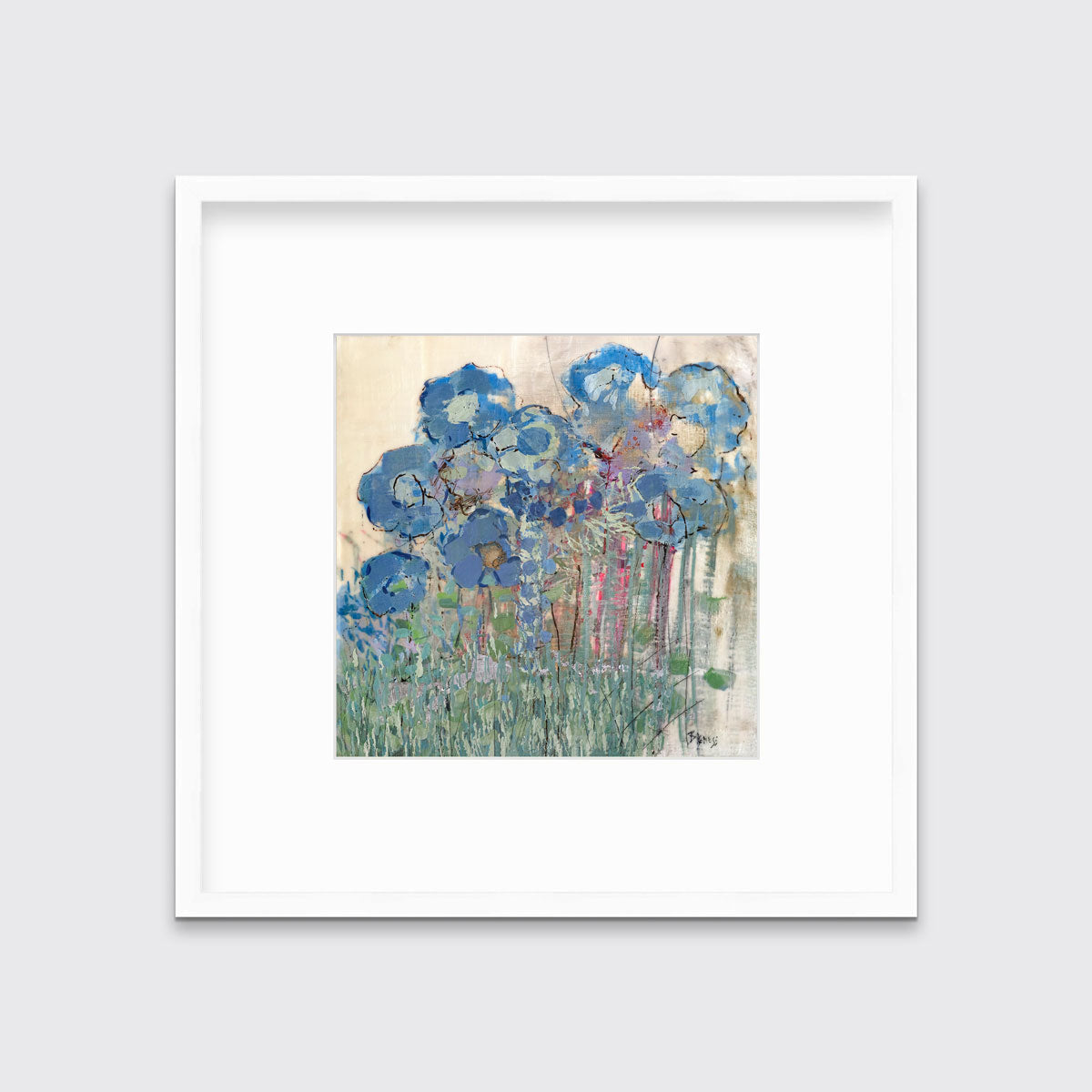 A blue and green abstract floral print in a white frame with a mat hangs on a white wall.