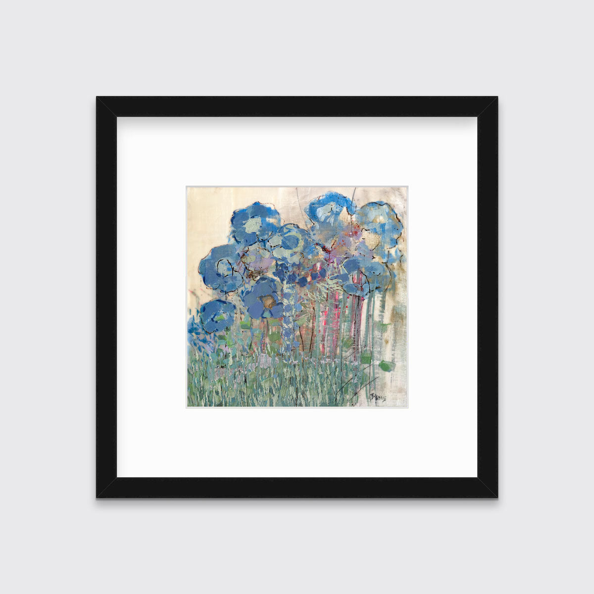 A blue and green abstract floral print in a black frame with a mat hangs on a white wall.