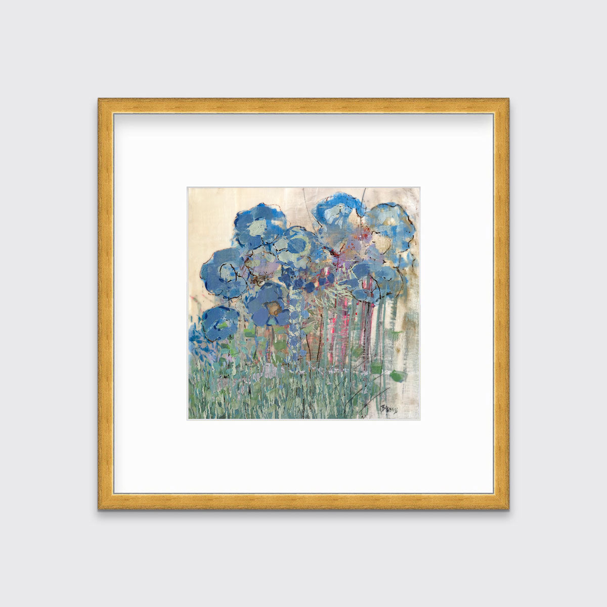 A blue and green abstract floral print in a gold frame with a mat hangs on a white wall.