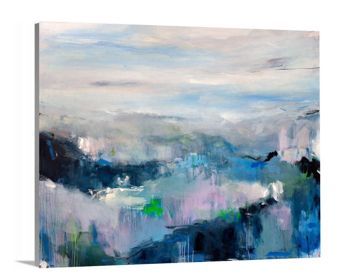 A side view of a blue abstract print by Kelly Rossetti on canvas.
