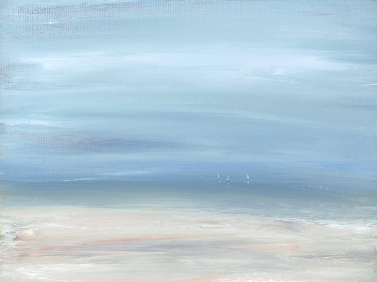 A white, blue and beige abstract seascape print by S. Cora Aldo.