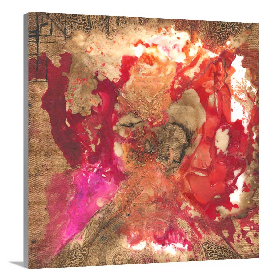 A side-angle view of a gold, red and pink abstract print on canvas.