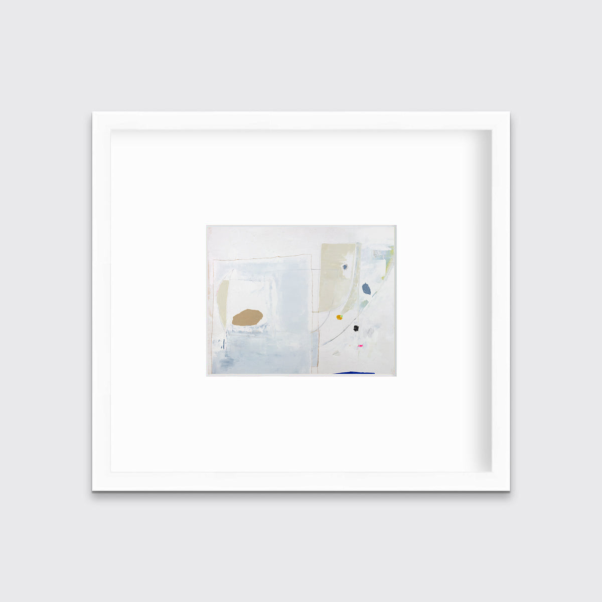 A white, blue, beige and light green abstract print in a white frame with a mat hangs on a white wall.