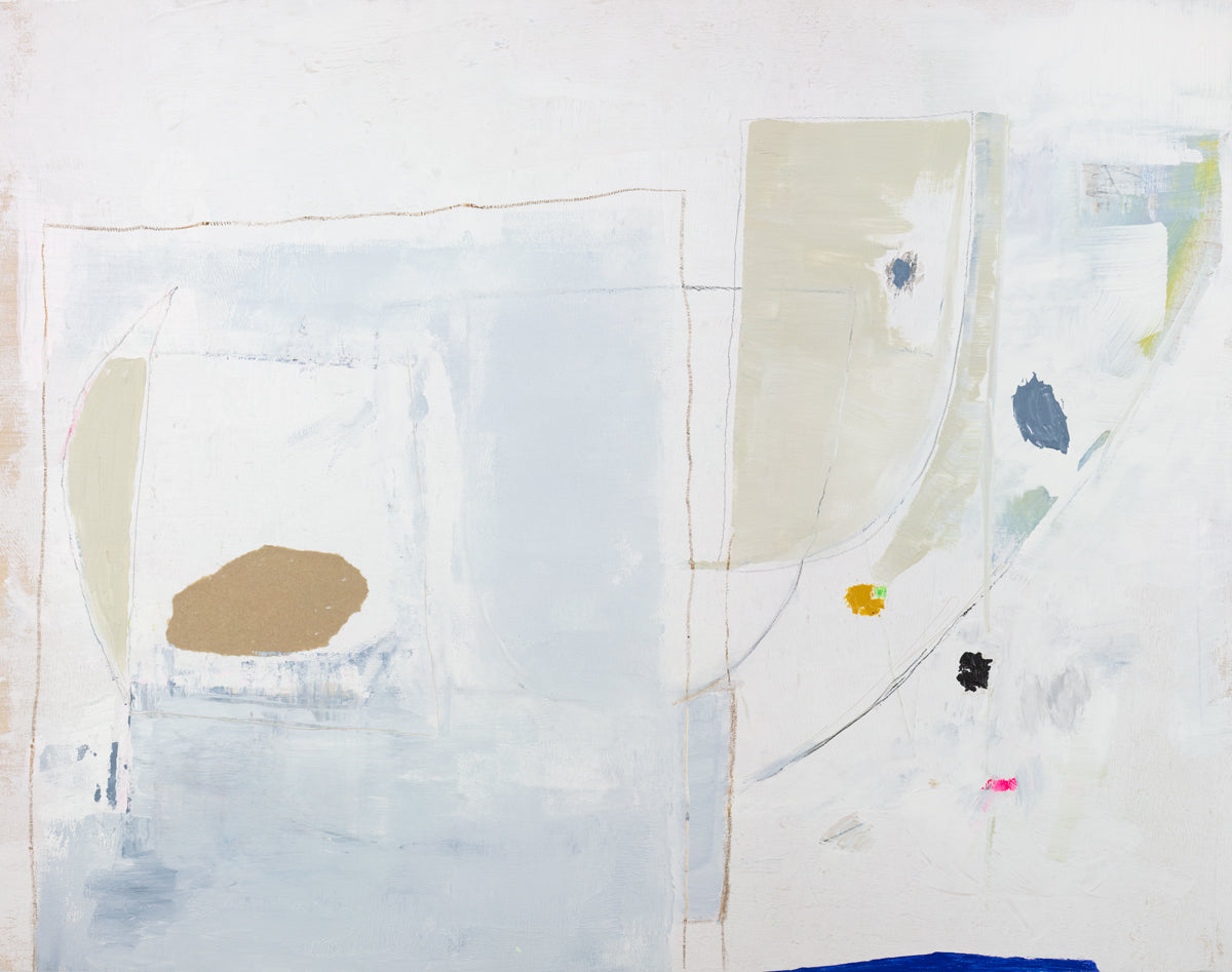 A white, blue, beige and light green abstract print by Sue De Chiara.