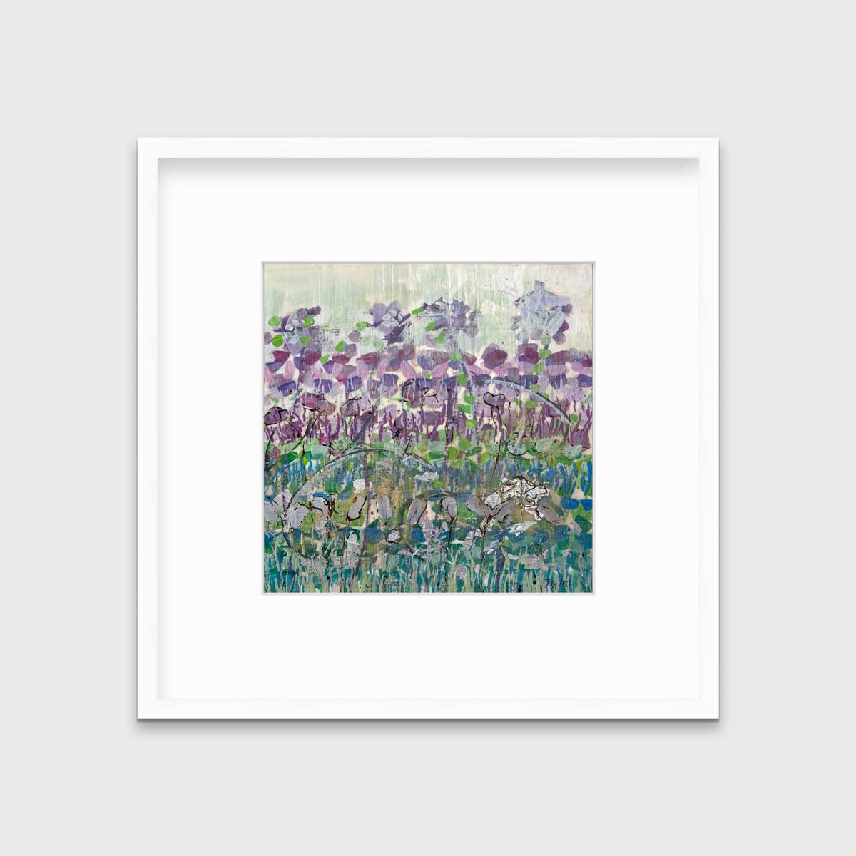 A purple, blue and green abstract floral print in a white frame with a mat hangs on a white wall.