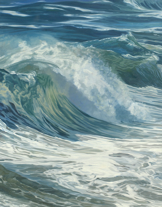 A blue, teal, white and light green abstract water wave print by John Harris.