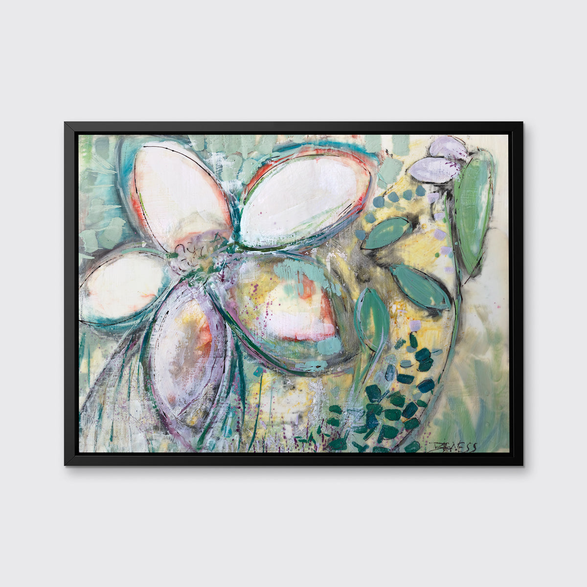 An abstract floral print by Linda Bigness in a black floater frame hangs on a white wall.