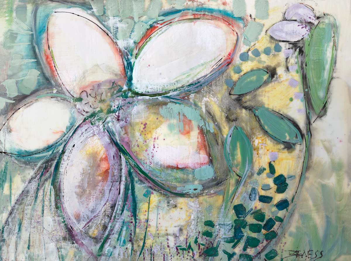A green, white and purple abstract floral print by Linda Bigness.