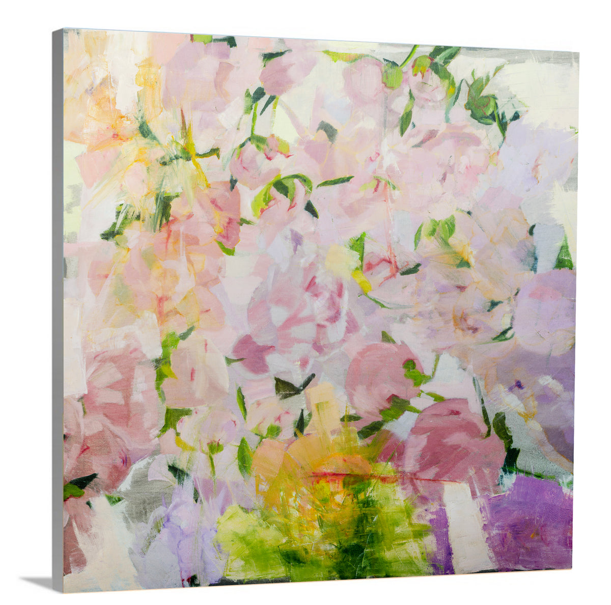 A side-angle view of a multicolored floral abstract print on canvas.