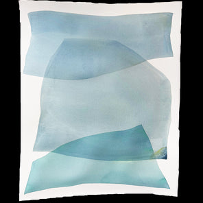 A watercolor painting of blue and turquoise stacked forms painted by Nealy Hauschildt. Wired and ready to hang.