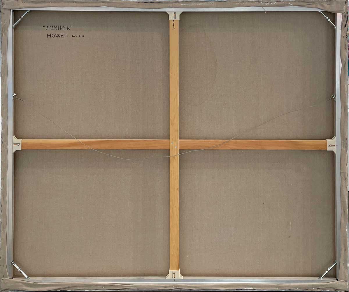 The back of the painting with view of the cross stretcher bars, the title of the painting and the artist's name.