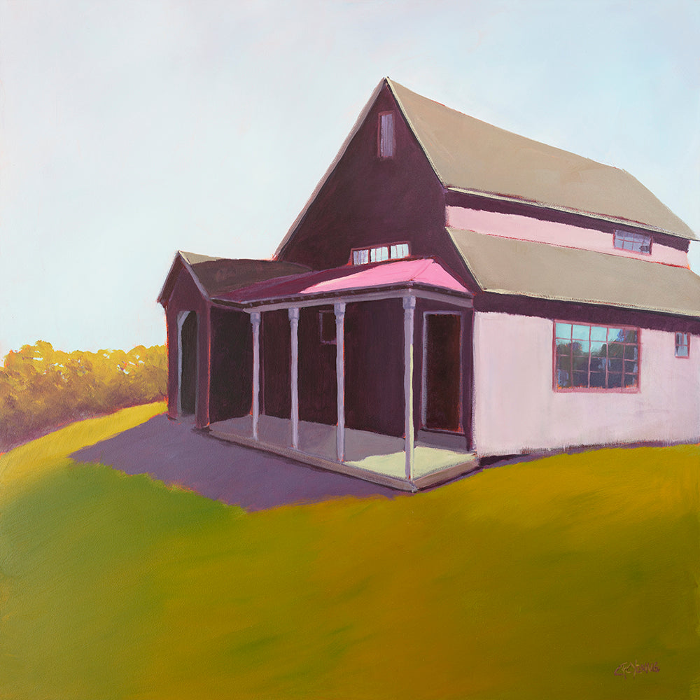 A raspberry, chartruse and light blue contemporary house print by Carol Young.