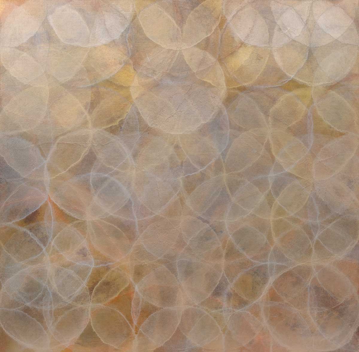 A dark yellow and white geometric overlapping circle print by Roger Mudre.
