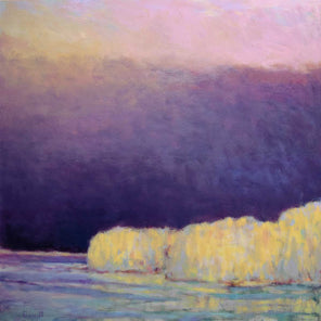 A painting of yellow trees on a lakeside with a purple and pink sky with the sun peaking in from upper left hand corner by Ken Elliott.