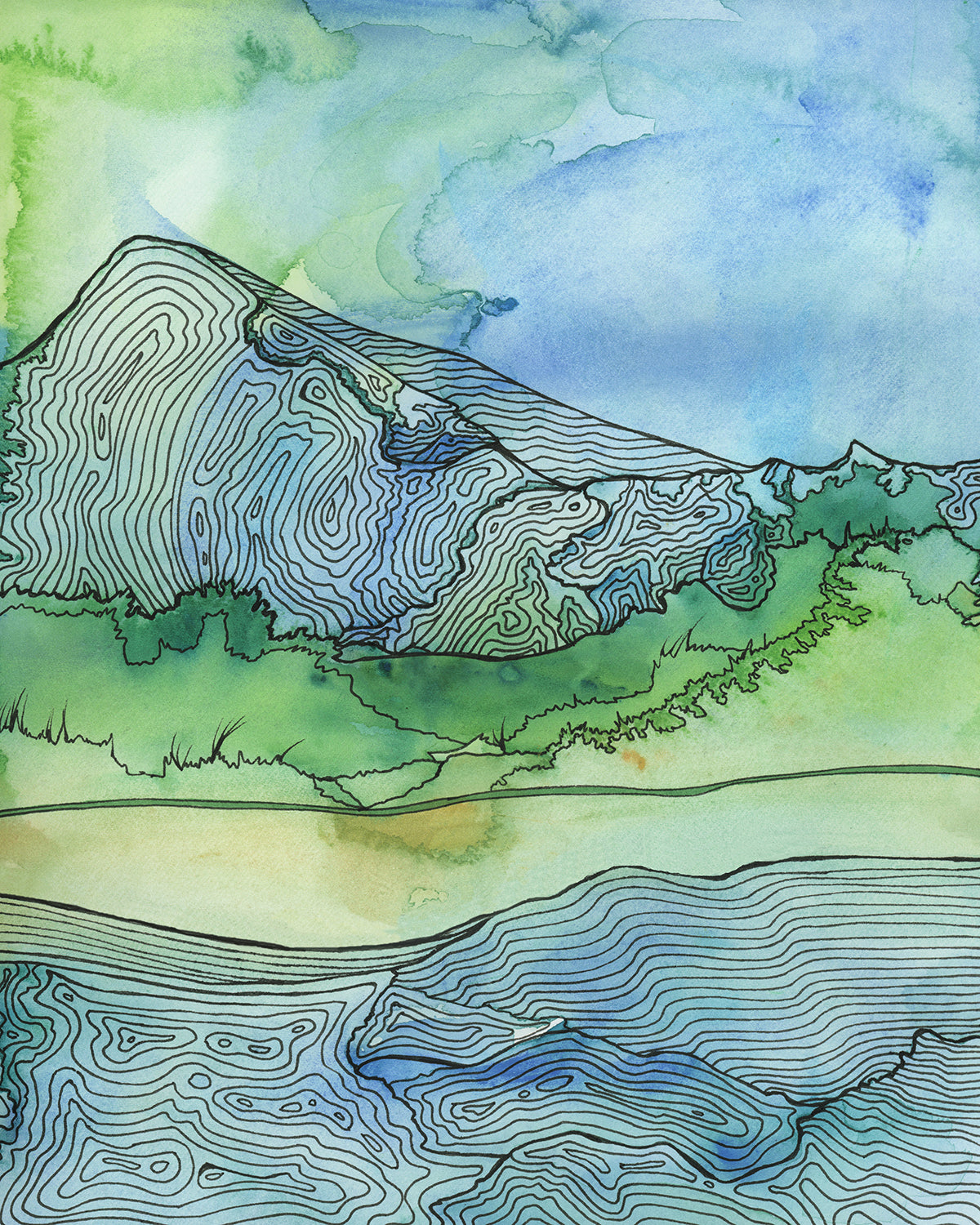 A blue and green landscape illustration print by Melissa Kircher.