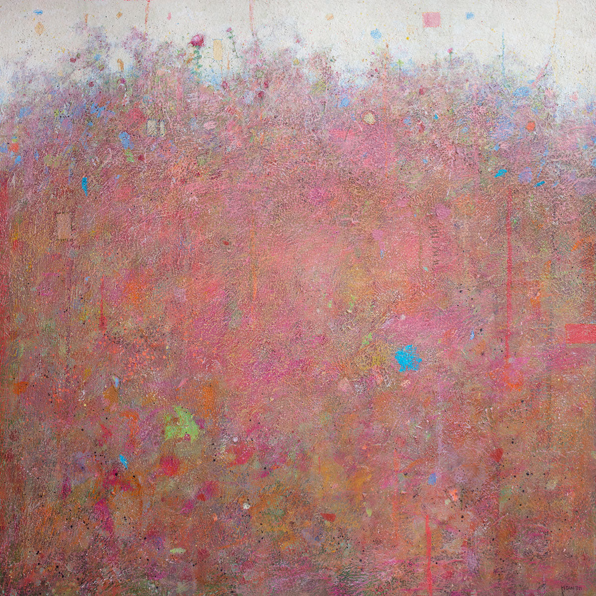 A red and pink abstract landscape print with multicolored accents by Elwood Howell.