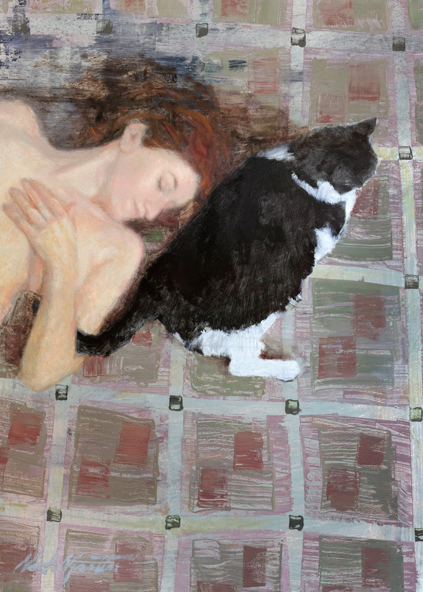 A print of a red-haired woman lays on a red and grey checkered floor next to a black and white cat by Ned Martin.