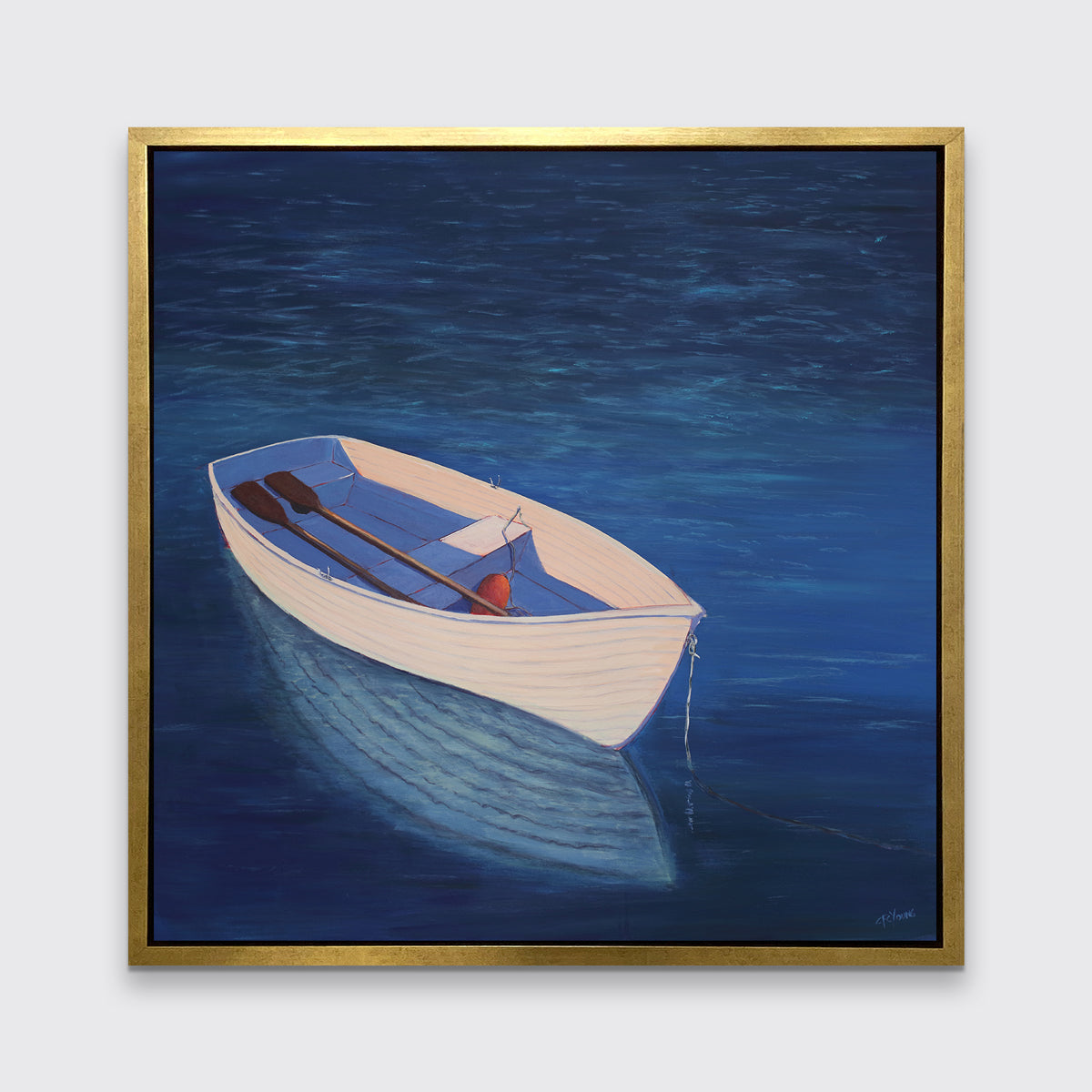 A blue, beige and lavender contemporary coastal print of a boat wading in the water in a gold floater frame hangs on a white wall.