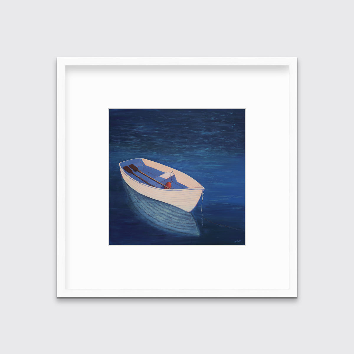 A blue, beige and lavender contemporary coastal print of a boat wading in the water in a white frame with a mat hangs on a white wall.