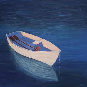 A painting of a white rowboat in deep blue water. Wired and ready to hang.